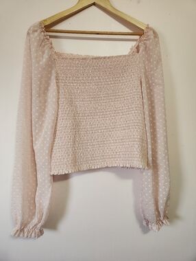 Laundry by Shelli Segal Blush Pink Smocked Clip Dot Crop Top Sheer Sleeves Sz XL